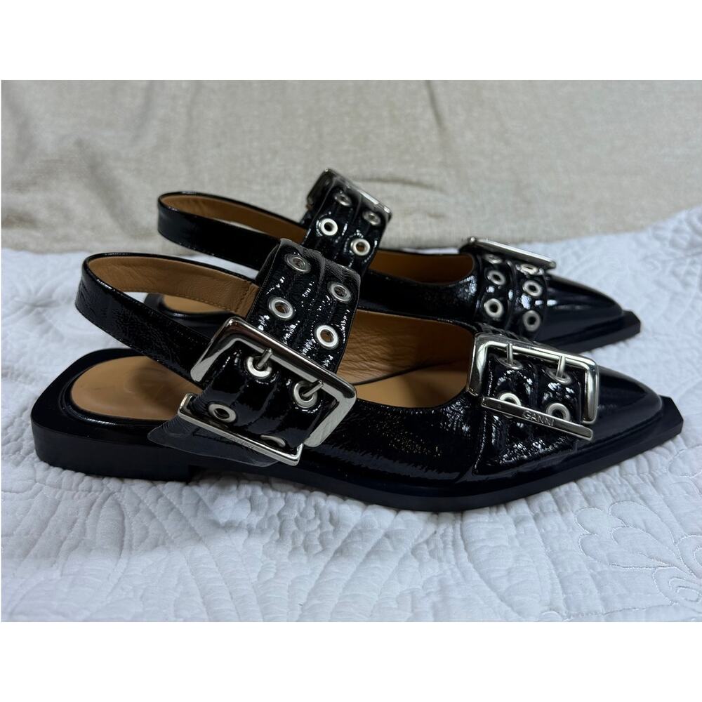 Ganni NWOT Women Black 7 Patent Leather Ballerina Slingback Pointed Toe Sandals - Picture 5 of 9